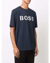 dunkelblaues und weißes bedrucktes T-Shirt mit einem Rundhalsausschnitt von BOSS