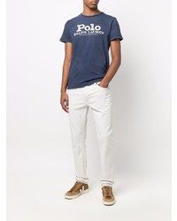 dunkelblaues und weißes bedrucktes T-Shirt mit einem Rundhalsausschnitt von Polo Ralph Lauren