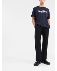 dunkelblaues und weißes bedrucktes T-Shirt mit einem Rundhalsausschnitt von Balmain