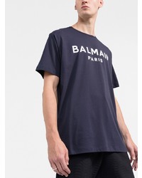 dunkelblaues und weißes bedrucktes T-Shirt mit einem Rundhalsausschnitt von Balmain