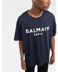 dunkelblaues und weißes bedrucktes T-Shirt mit einem Rundhalsausschnitt von Balmain