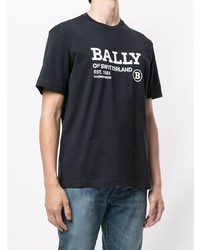 dunkelblaues und weißes bedrucktes T-Shirt mit einem Rundhalsausschnitt von Bally