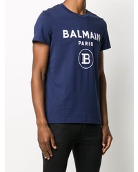 dunkelblaues und weißes bedrucktes T-Shirt mit einem Rundhalsausschnitt von Balmain