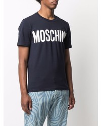 dunkelblaues und weißes bedrucktes T-Shirt mit einem Rundhalsausschnitt von Moschino