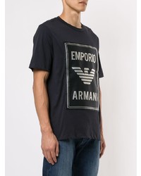 dunkelblaues und weißes bedrucktes T-Shirt mit einem Rundhalsausschnitt von Emporio Armani