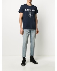 dunkelblaues und weißes bedrucktes T-Shirt mit einem Rundhalsausschnitt von Balmain