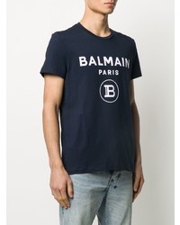 dunkelblaues und weißes bedrucktes T-Shirt mit einem Rundhalsausschnitt von Balmain