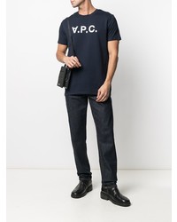 dunkelblaues und weißes bedrucktes T-Shirt mit einem Rundhalsausschnitt von A.P.C.