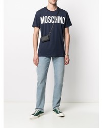 dunkelblaues und weißes bedrucktes T-Shirt mit einem Rundhalsausschnitt von Moschino