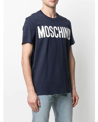 dunkelblaues und weißes bedrucktes T-Shirt mit einem Rundhalsausschnitt von Moschino