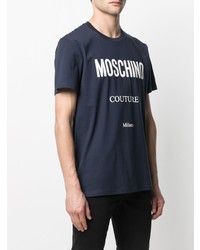 dunkelblaues und weißes bedrucktes T-Shirt mit einem Rundhalsausschnitt von Moschino