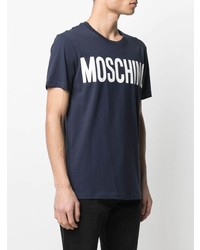 dunkelblaues und weißes bedrucktes T-Shirt mit einem Rundhalsausschnitt von Moschino