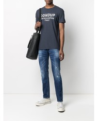 dunkelblaues und weißes bedrucktes T-Shirt mit einem Rundhalsausschnitt von Dondup