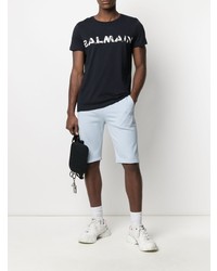 dunkelblaues und weißes bedrucktes T-Shirt mit einem Rundhalsausschnitt von Balmain