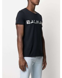 dunkelblaues und weißes bedrucktes T-Shirt mit einem Rundhalsausschnitt von Balmain