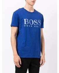 dunkelblaues und weißes bedrucktes T-Shirt mit einem Rundhalsausschnitt von BOSS