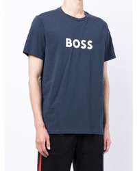 dunkelblaues und weißes bedrucktes T-Shirt mit einem Rundhalsausschnitt von BOSS