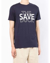 dunkelblaues und weißes bedrucktes T-Shirt mit einem Rundhalsausschnitt von Save The Duck