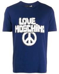 dunkelblaues und weißes bedrucktes T-Shirt mit einem Rundhalsausschnitt von Love Moschino