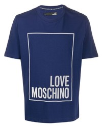 dunkelblaues und weißes bedrucktes T-Shirt mit einem Rundhalsausschnitt von Love Moschino