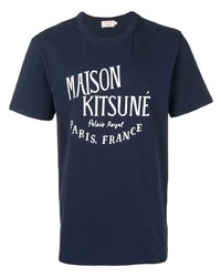 dunkelblaues und weißes bedrucktes T-Shirt mit einem Rundhalsausschnitt von MAISON KITSUNÉ