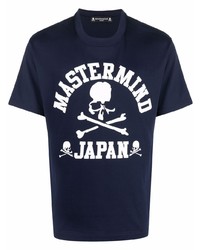 dunkelblaues und weißes bedrucktes T-Shirt mit einem Rundhalsausschnitt von Mastermind World