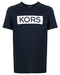 dunkelblaues und weißes bedrucktes T-Shirt mit einem Rundhalsausschnitt von Michael Kors