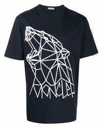 dunkelblaues und weißes bedrucktes T-Shirt mit einem Rundhalsausschnitt von Moncler