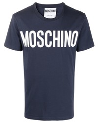dunkelblaues und weißes bedrucktes T-Shirt mit einem Rundhalsausschnitt von Moschino
