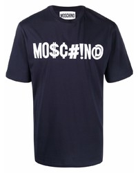 dunkelblaues und weißes bedrucktes T-Shirt mit einem Rundhalsausschnitt von Moschino