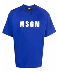 dunkelblaues und weißes bedrucktes T-Shirt mit einem Rundhalsausschnitt von MSGM