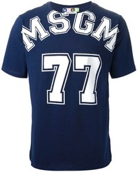 dunkelblaues und weißes bedrucktes T-Shirt mit einem Rundhalsausschnitt von MSGM