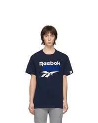 dunkelblaues und weißes bedrucktes T-Shirt mit einem Rundhalsausschnitt von Nanamica