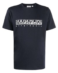 dunkelblaues und weißes bedrucktes T-Shirt mit einem Rundhalsausschnitt von Napapijri
