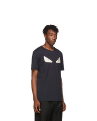 dunkelblaues und weißes bedrucktes T-Shirt mit einem Rundhalsausschnitt von Fendi