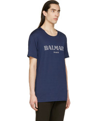 dunkelblaues und weißes bedrucktes T-Shirt mit einem Rundhalsausschnitt von Balmain