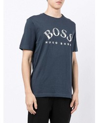 dunkelblaues und weißes bedrucktes T-Shirt mit einem Rundhalsausschnitt von BOSS