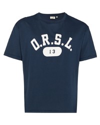 dunkelblaues und weißes bedrucktes T-Shirt mit einem Rundhalsausschnitt von orSlow