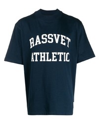 dunkelblaues und weißes bedrucktes T-Shirt mit einem Rundhalsausschnitt von PACCBET