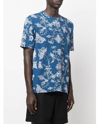 dunkelblaues und weißes bedrucktes T-Shirt mit einem Rundhalsausschnitt von Junya Watanabe MAN