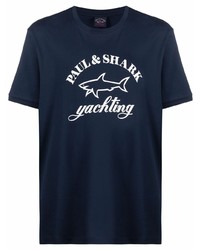 dunkelblaues und weißes bedrucktes T-Shirt mit einem Rundhalsausschnitt von Paul & Shark