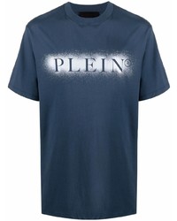 dunkelblaues und weißes bedrucktes T-Shirt mit einem Rundhalsausschnitt von Philipp Plein