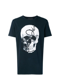 dunkelblaues und weißes bedrucktes T-Shirt mit einem Rundhalsausschnitt von Philipp Plein