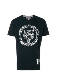 dunkelblaues und weißes bedrucktes T-Shirt mit einem Rundhalsausschnitt von Plein Sport