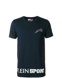 dunkelblaues und weißes bedrucktes T-Shirt mit einem Rundhalsausschnitt von Plein Sport