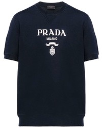 dunkelblaues und weißes bedrucktes T-Shirt mit einem Rundhalsausschnitt von Prada