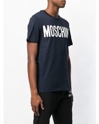 dunkelblaues und weißes bedrucktes T-Shirt mit einem Rundhalsausschnitt von Moschino