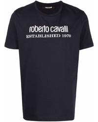 dunkelblaues und weißes bedrucktes T-Shirt mit einem Rundhalsausschnitt von Roberto Cavalli