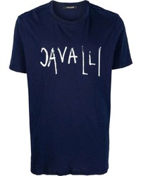 dunkelblaues und weißes bedrucktes T-Shirt mit einem Rundhalsausschnitt von Roberto Cavalli