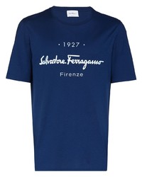 dunkelblaues und weißes bedrucktes T-Shirt mit einem Rundhalsausschnitt von Salvatore Ferragamo